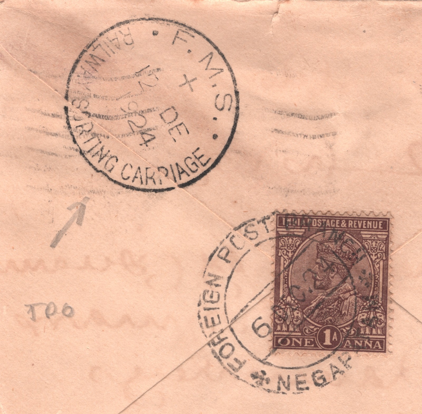MALAYA FMS *RAILWAY SORTING CARRIAGE* TPO 1924 CDS Cover Ex INDIA Madras WM52