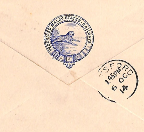 MALAYA FMS RAILWAYS Cover *BLUE TIGER CREST* Kuala Lumpur 1914 Knutsford WM51 - Image 15
