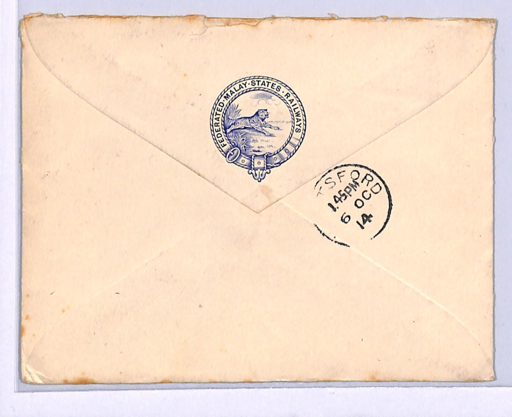 MALAYA FMS RAILWAYS Cover *BLUE TIGER CREST* Kuala Lumpur 1914 Knutsford WM51 - Image 4