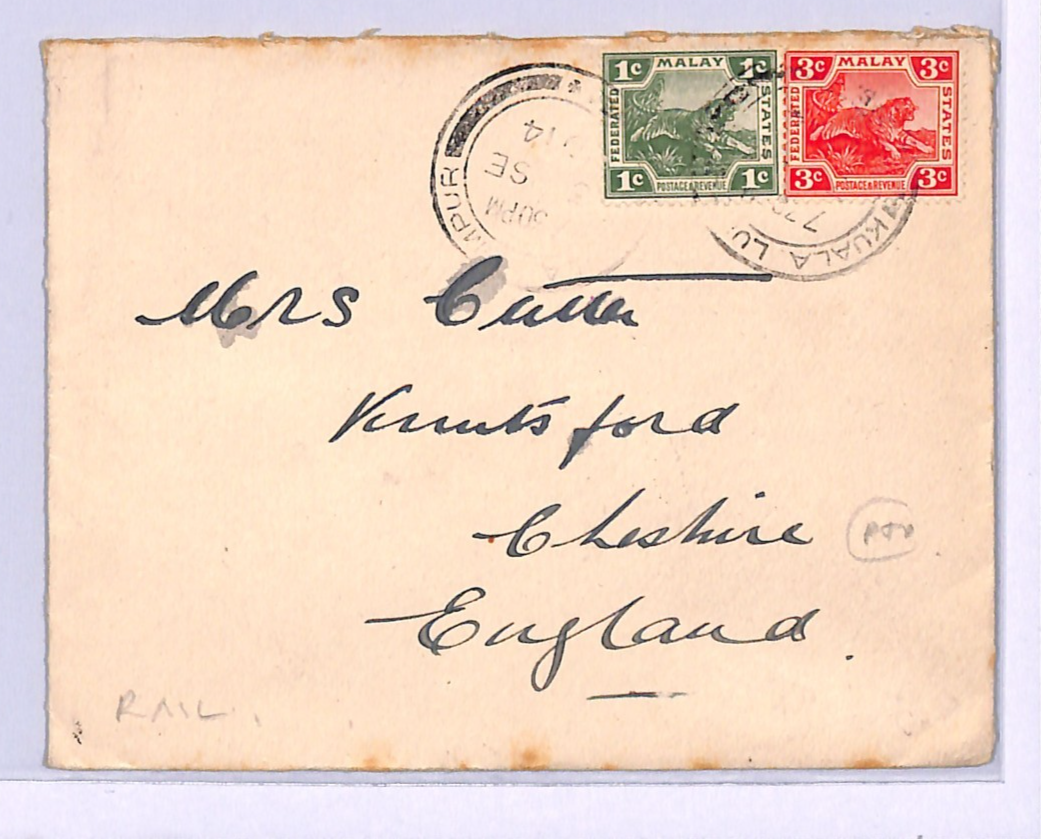 MALAYA FMS RAILWAYS Cover *BLUE TIGER CREST* Kuala Lumpur 1914 Knutsford WM51 - Image 5
