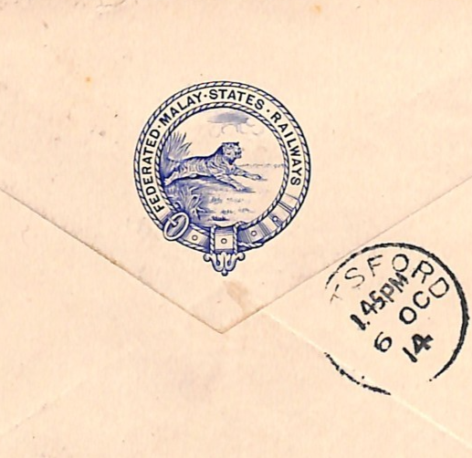 MALAYA FMS RAILWAYS Cover *BLUE TIGER CREST* Kuala Lumpur 1914 Knutsford WM51 - Image 6