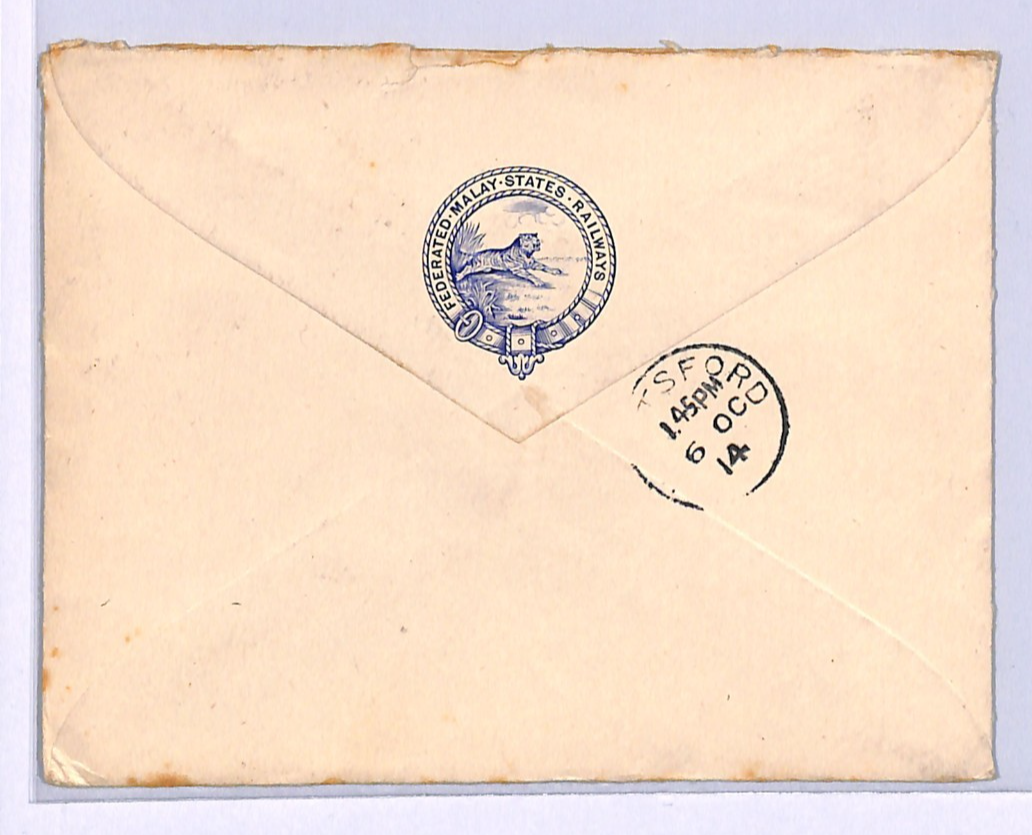 MALAYA FMS RAILWAYS Cover *BLUE TIGER CREST* Kuala Lumpur 1914 Knutsford WM51 - Image 7