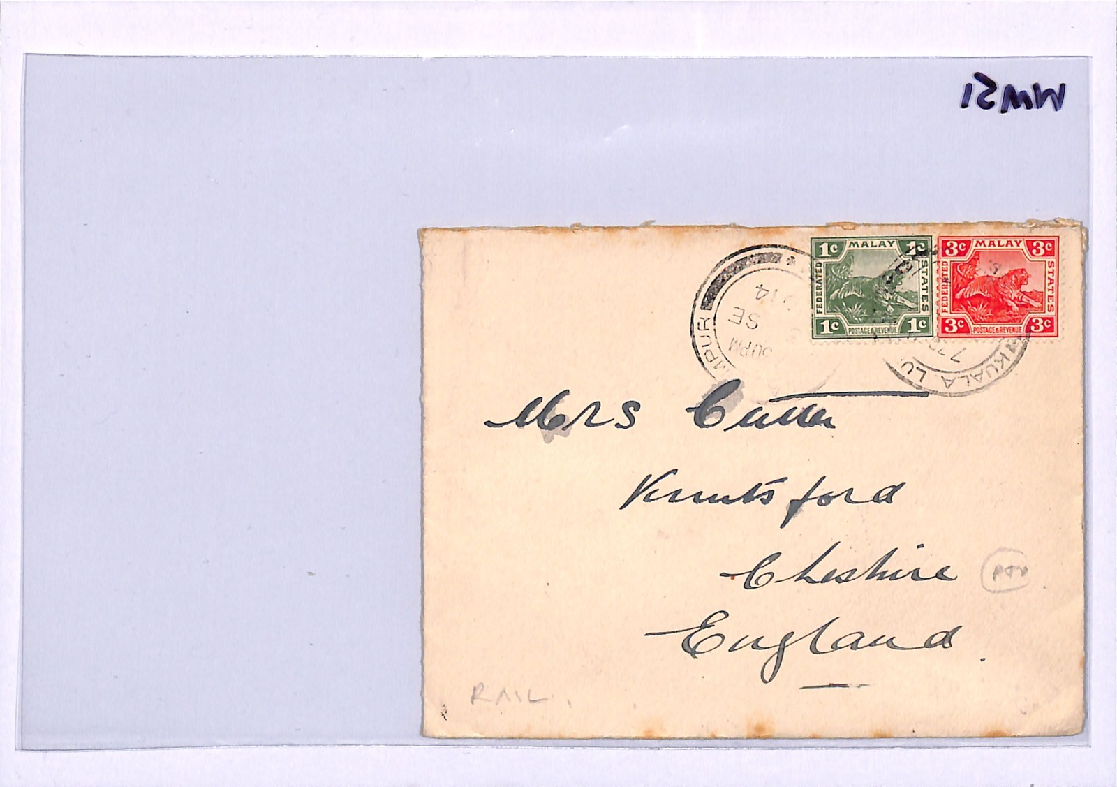 MALAYA FMS RAILWAYS Cover *BLUE TIGER CREST* Kuala Lumpur 1914 Knutsford WM51 - Image 8