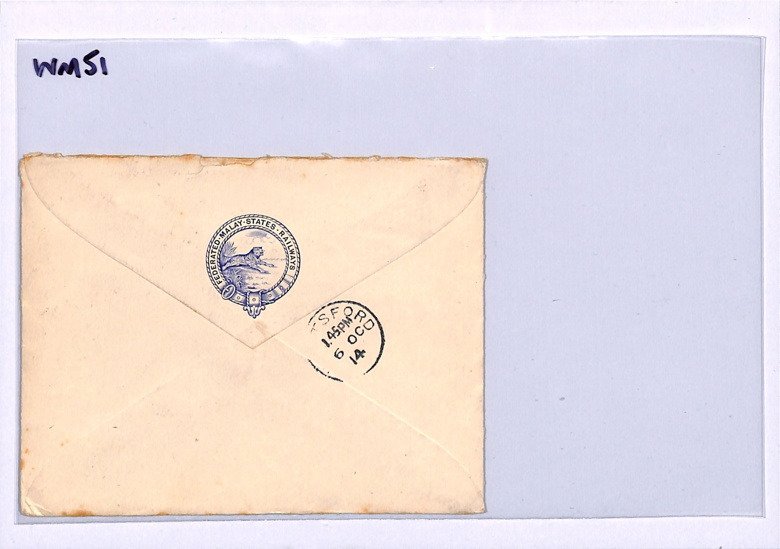 MALAYA FMS RAILWAYS Cover *BLUE TIGER CREST* Kuala Lumpur 1914 Knutsford WM51 - Image 10