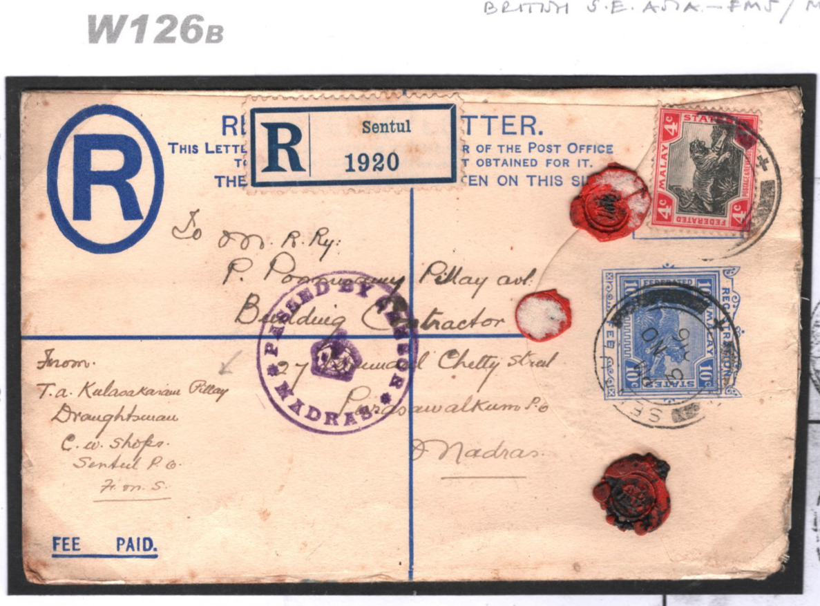 MALAYA FMS TIGER WW1 Cover SENTUL Reg Stationery India Censor RAILWAY 1916 W126b - Image 3