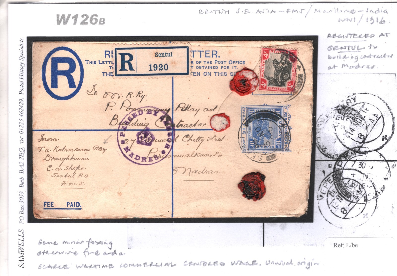 MALAYA FMS TIGER WW1 Cover SENTUL Reg Stationery India Censor RAILWAY 1916 W126b - Image 6