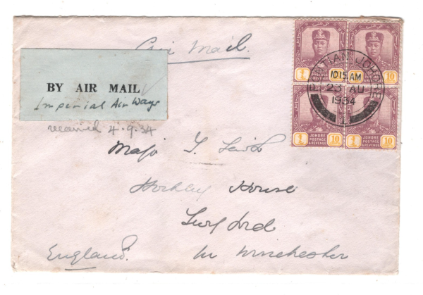 MALAYA JOHORE Airmail 1934 Cover *PONTIAN* CDS Winchester IMPERIAL AIRWAYS KA743 - Image 3