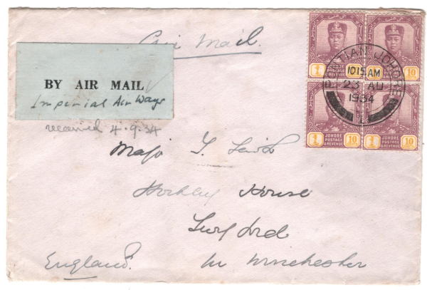 MALAYA JOHORE Airmail 1934 Cover *PONTIAN* CDS Winchester IMPERIAL AIRWAYS KA743 - Image 7