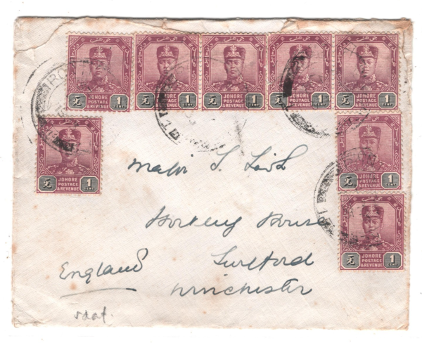 MALAYA JOHORE Cover *PONTIAN* GB Hants Winchester 1933{Samwells-covers}KA744