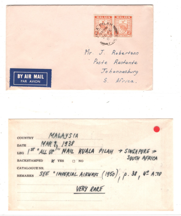 MALAYA *NEGRI SEMBILAN* Air 1938 Cover FIRST FLIGHT All-Up JO'BURG {Joffe}KT101 - Image 6
