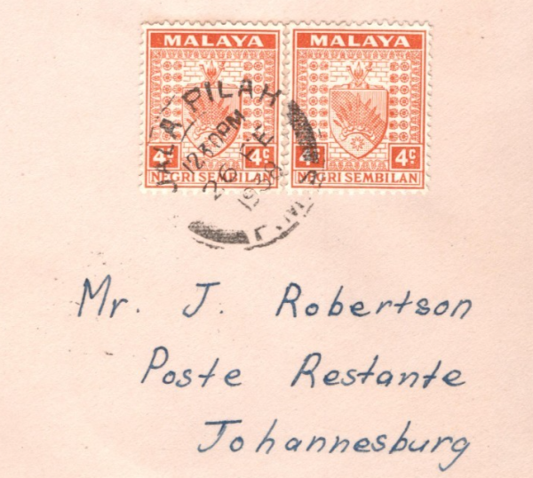 MALAYA *NEGRI SEMBILAN* Air 1938 Cover FIRST FLIGHT All-Up JO'BURG {Joffe}KT101