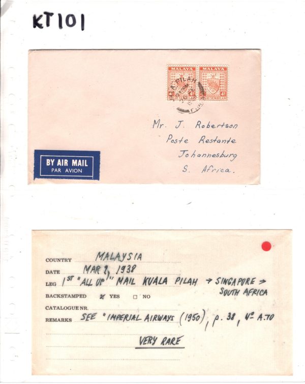 MALAYA *NEGRI SEMBILAN* Air 1938 Cover FIRST FLIGHT All-Up JO'BURG {Joffe}KT101 - Image 9