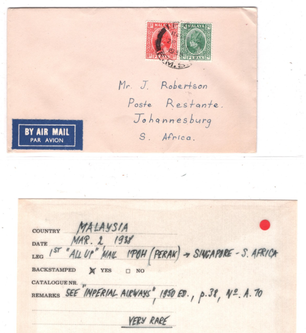 MALAYA *PERAK* Air Mail 1938 Cover FIRST FLIGHT All-Up JO'BURG {Joffe}KT100 - Image 5