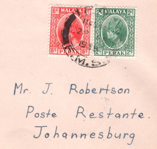 MALAYA *PERAK* Air Mail 1938 Cover FIRST FLIGHT All-Up JO'BURG {Joffe}KT100