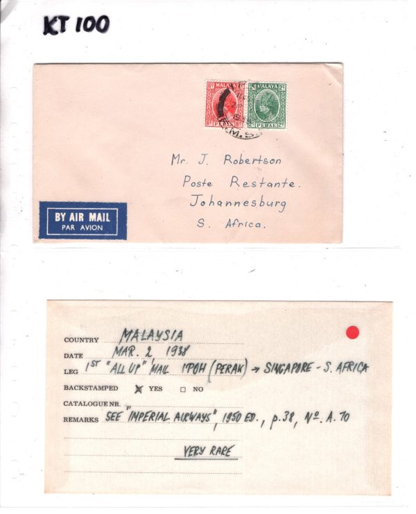 MALAYA *PERAK* Air Mail 1938 Cover FIRST FLIGHT All-Up JO'BURG {Joffe}KT100 - Image 8