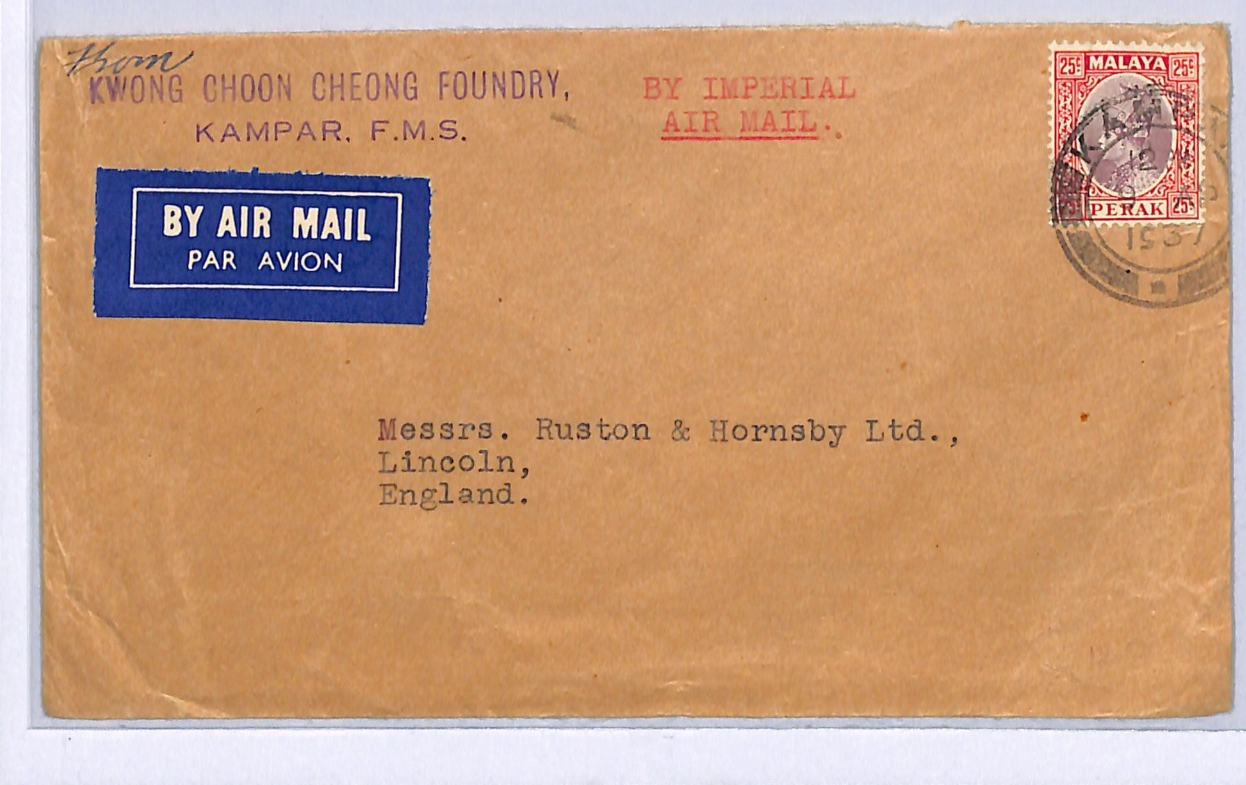 MALAYA PERAK Cover *KAMPAR FOUNDRY* Cachet 1937 IMPERIAL Air Mail Lincoln WM90 - Image 3