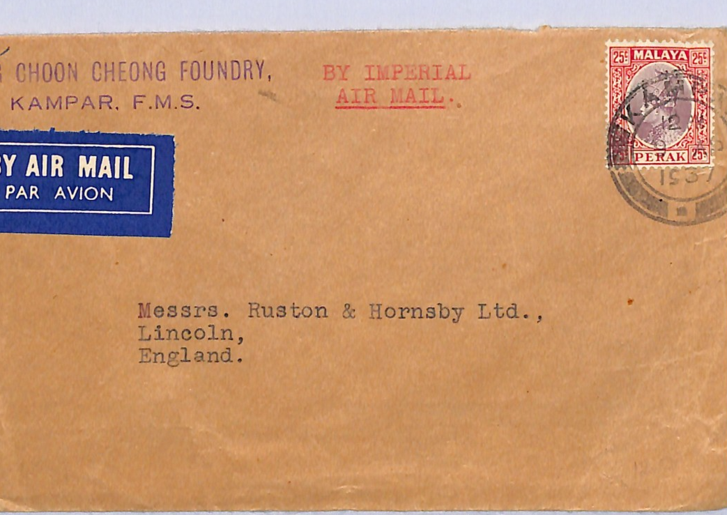 MALAYA PERAK Cover *KAMPAR FOUNDRY* Cachet 1937 IMPERIAL Air Mail Lincoln WM90