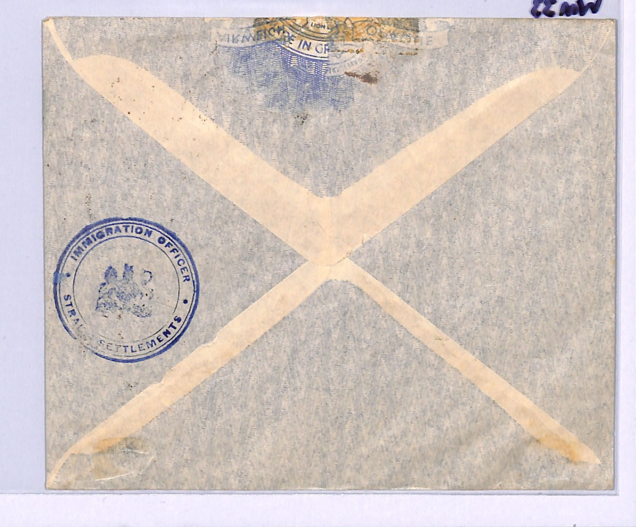 MALAYA STRAITS Cover *IMMIGRATION OFFICER* Cachet PENANG 1937 Mixed Reigns WM33 - Image 5