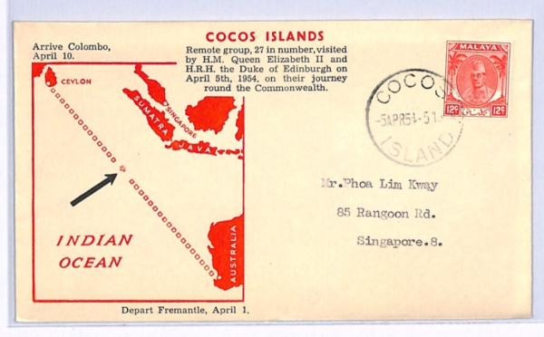 MALAYA USED COCOS ISLANDS Air Mail Cover 1954 Singapore{Samwells-covers}XF57