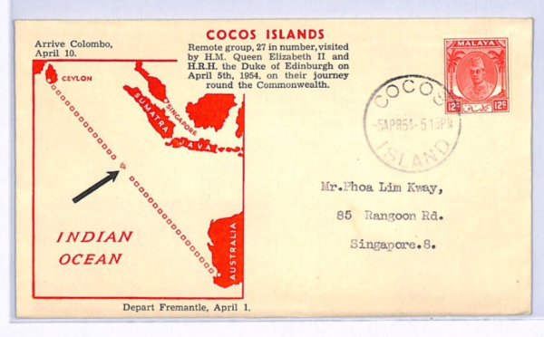 MALAYA USED COCOS ISLANDS Air Mail Cover 1954 Singapore{Samwells-covers}XF58