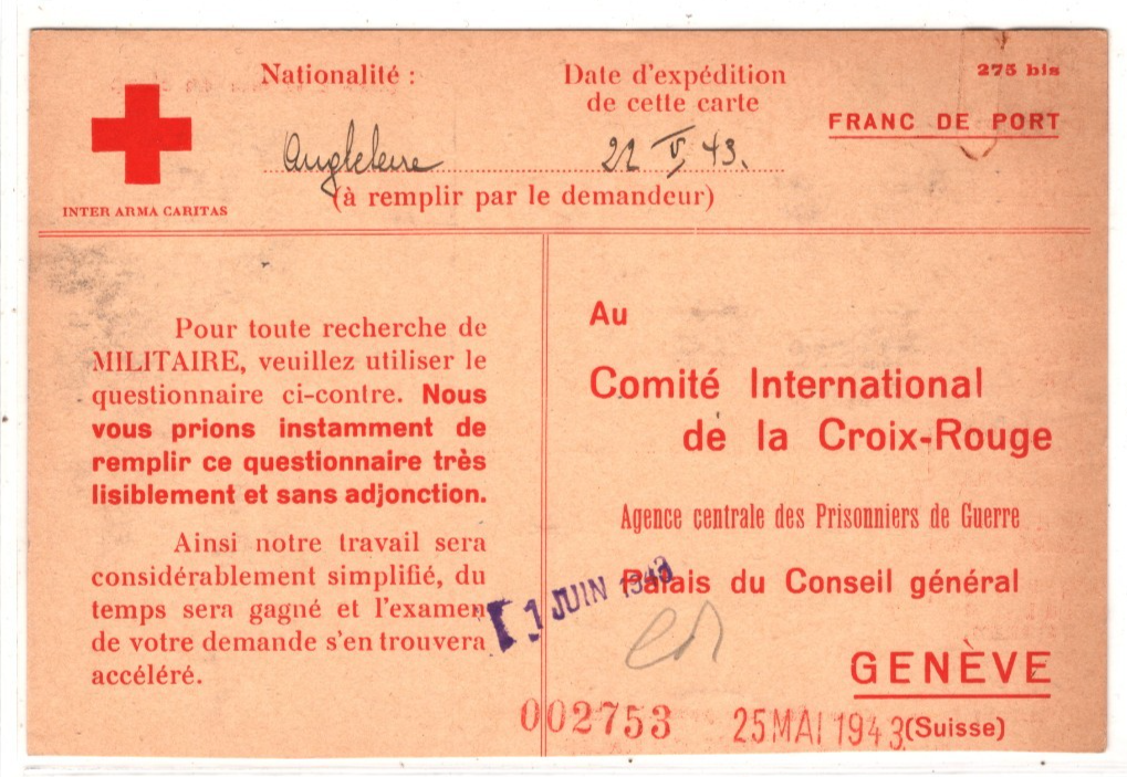MALAYA WW2 Missing GB POW *JAVA CAMP* 1943 SWISS RED CROSS Card & Archive{2} XD1 - Image 2