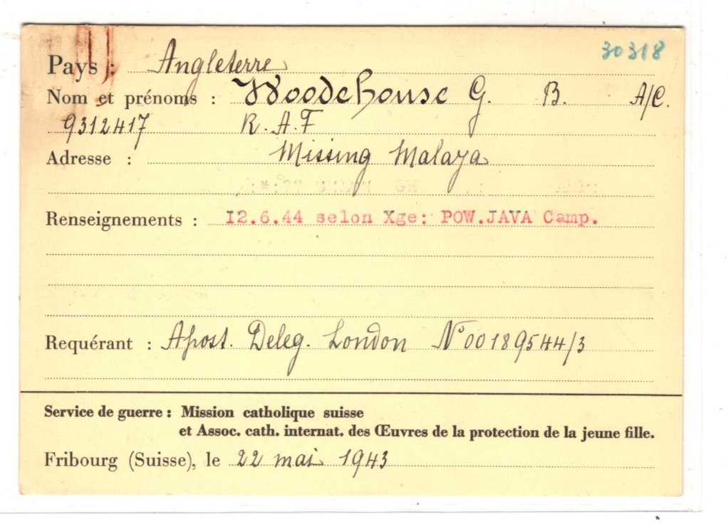MALAYA WW2 Missing GB POW *JAVA CAMP* 1943 SWISS RED CROSS Card & Archive{2} XD1 - Image 3