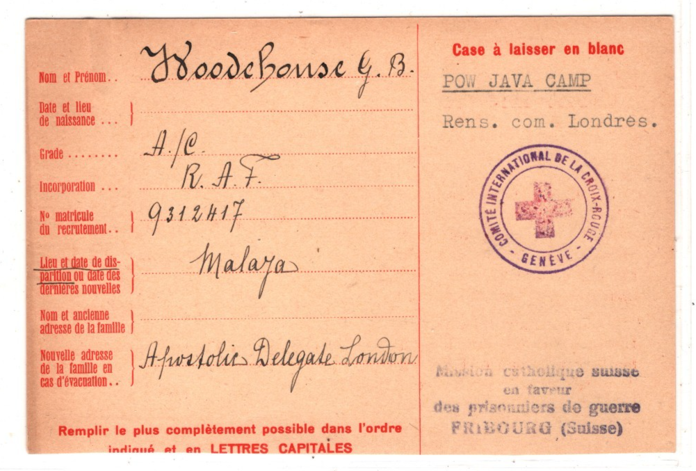 MALAYA WW2 Missing GB POW *JAVA CAMP* 1943 SWISS RED CROSS Card & Archive{2} XD1 - Image 5
