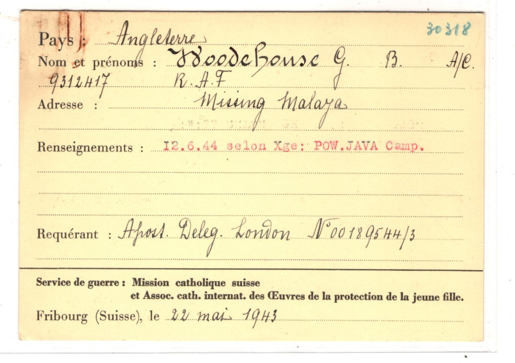 MALAYA WW2 Missing GB POW *JAVA CAMP* 1943 SWISS RED CROSS Card & Archive{2} XD1 - Image 6