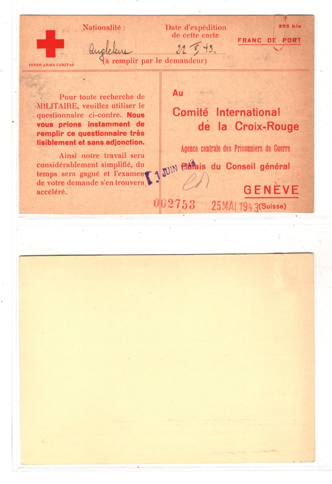 MALAYA WW2 Missing GB POW *JAVA CAMP* 1943 SWISS RED CROSS Card & Archive{2} XD1 - Image 7