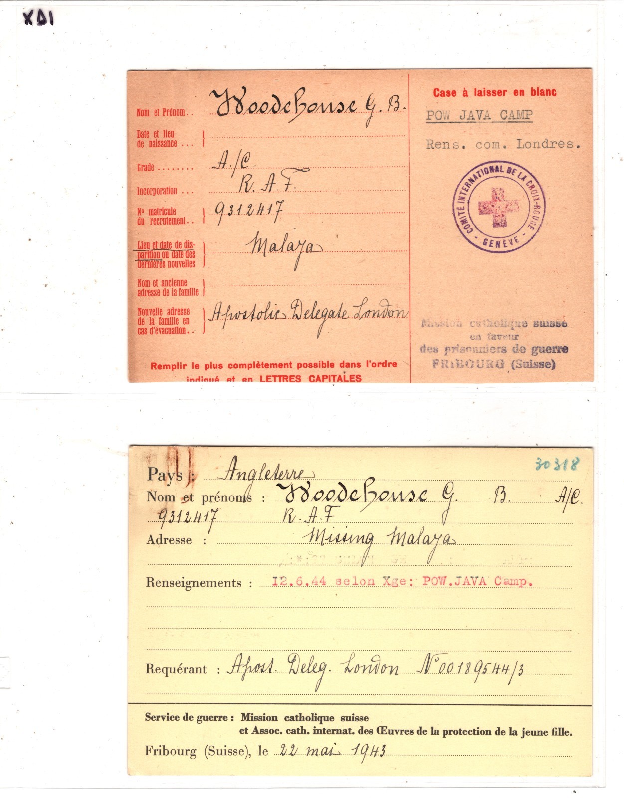 MALAYA WW2 Missing GB POW *JAVA CAMP* 1943 SWISS RED CROSS Card & Archive{2} XD1 - Image 8