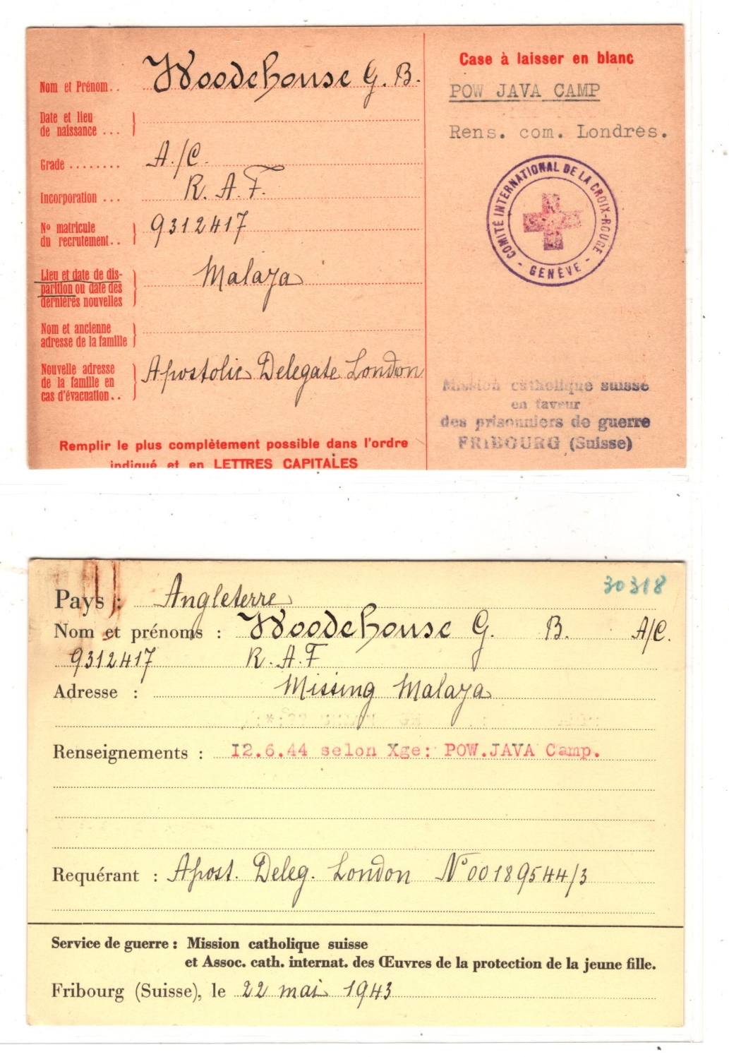 MALAYA WW2 Missing GB POW *JAVA CAMP* 1943 SWISS RED CROSS Card & Archive{2} XD1