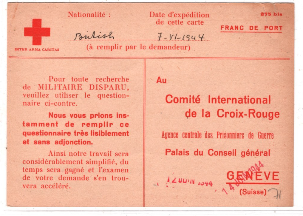 MALAYA WW2 Missing GB POW *MALAY CAMP* 1944 SWISS RED CROSS Card & Archive XD4 - Image 2