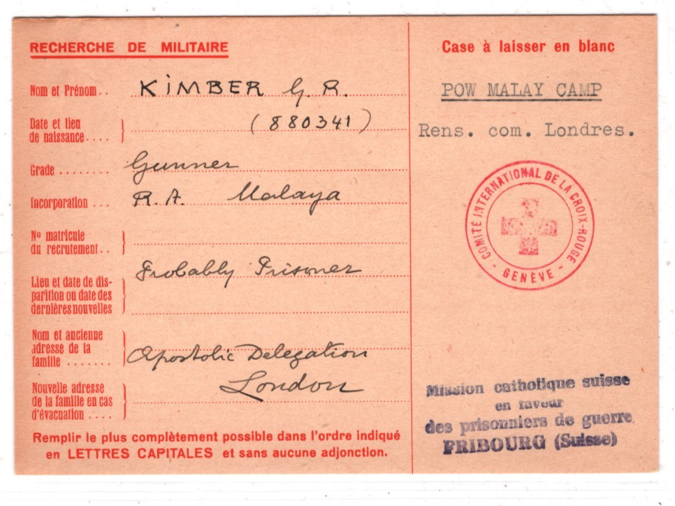 MALAYA WW2 Missing GB POW *MALAY CAMP* 1944 SWISS RED CROSS Card & Archive XD4 - Image 3