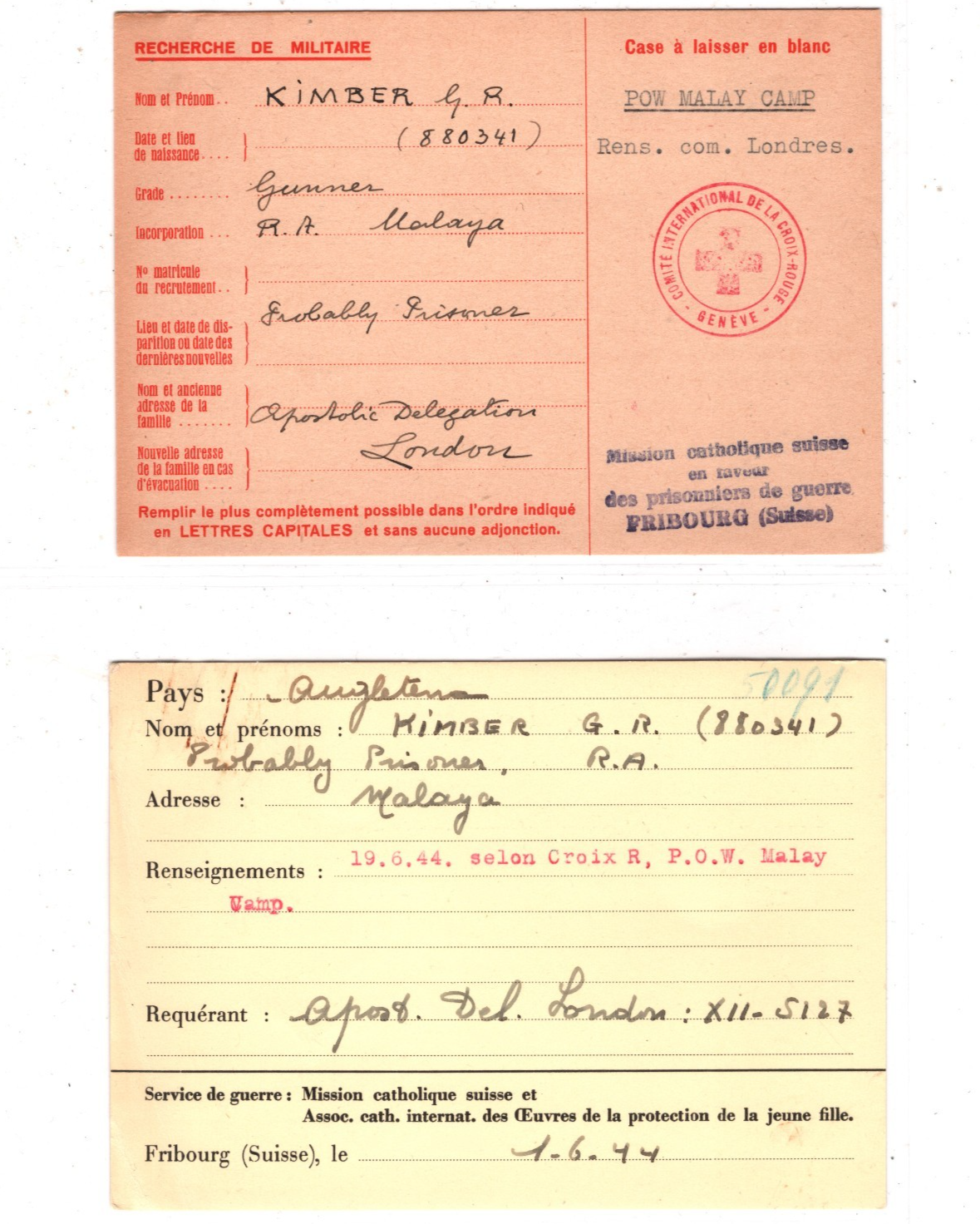 MALAYA WW2 Missing GB POW *MALAY CAMP* 1944 SWISS RED CROSS Card & Archive XD4 - Image 4