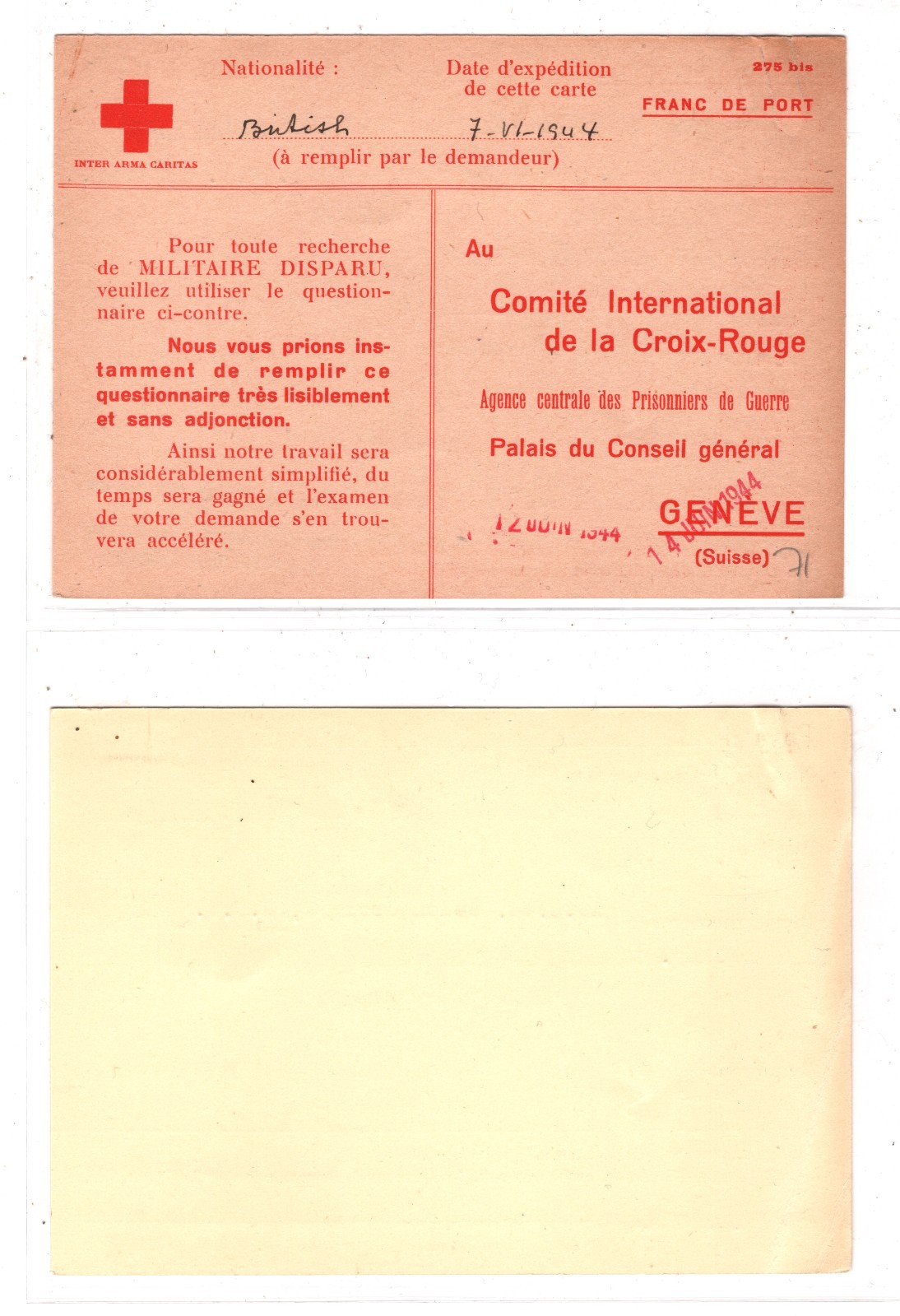MALAYA WW2 Missing GB POW *MALAY CAMP* 1944 SWISS RED CROSS Card & Archive XD4 - Image 5