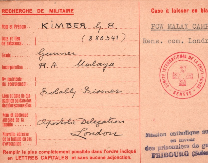 MALAYA WW2 Missing GB POW *MALAY CAMP* 1944 SWISS RED CROSS Card & Archive XD4 - Image 6