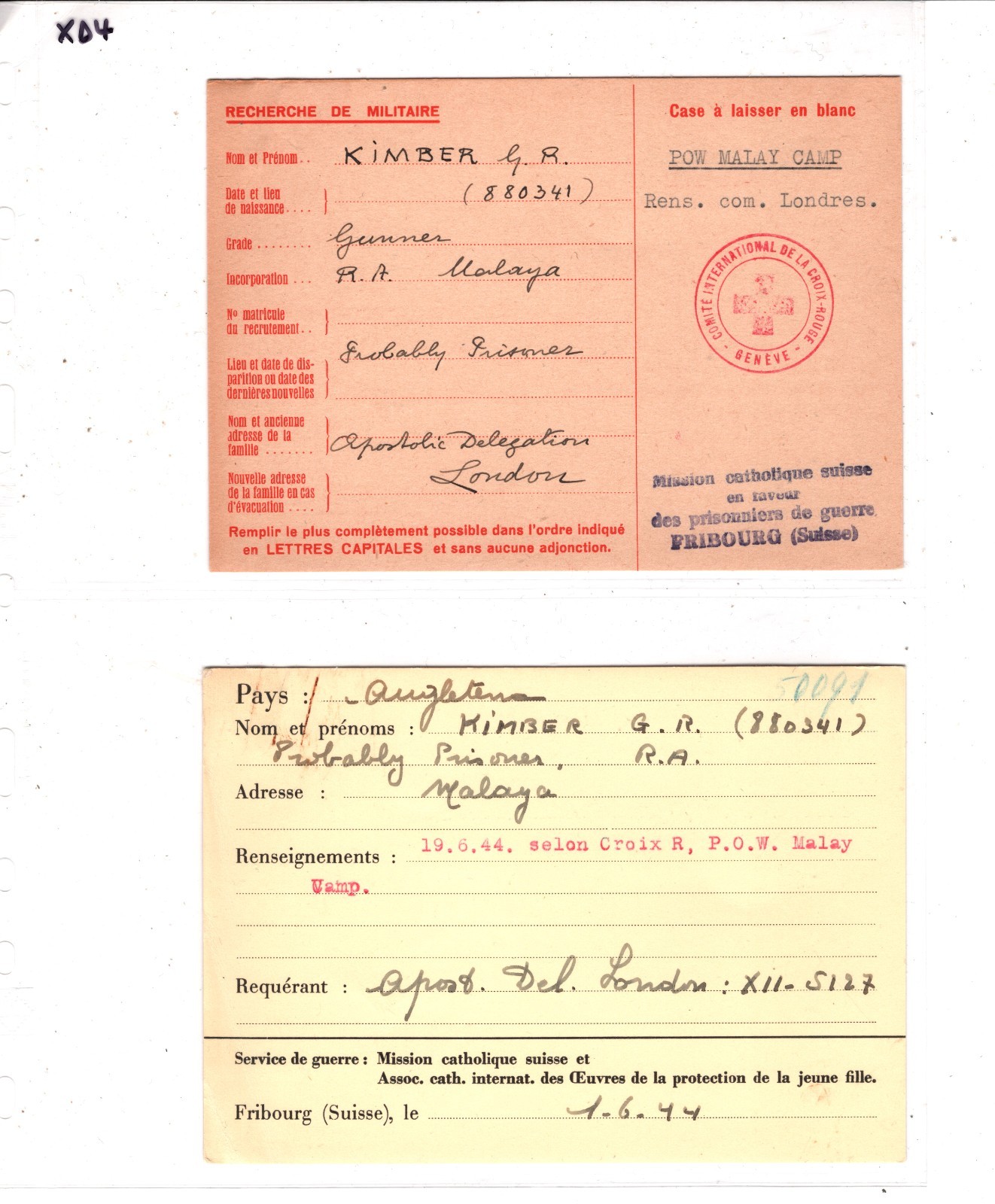 MALAYA WW2 Missing GB POW *MALAY CAMP* 1944 SWISS RED CROSS Card & Archive XD4 - Image 7