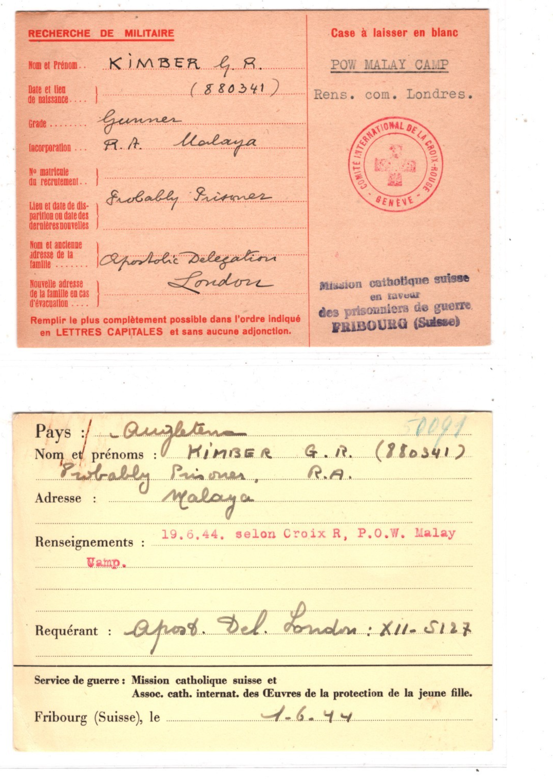 MALAYA WW2 Missing GB POW *MALAY CAMP* 1944 SWISS RED CROSS Card & Archive XD4