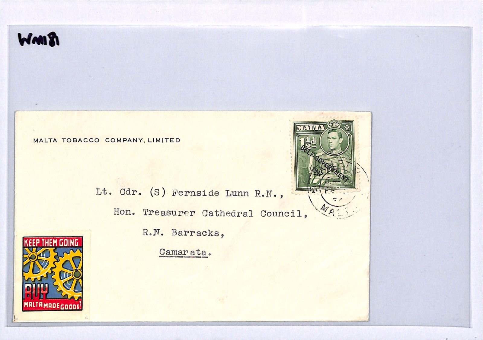 MALTA Cover *KEEP THEM GOING MALTA GOODS* Label Camarata 1954 {samwells}WM181 - Image 4