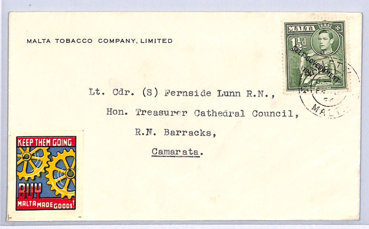 MALTA Cover *KEEP THEM GOING MALTA GOODS* Label Camarata 1954 {samwells}WM181