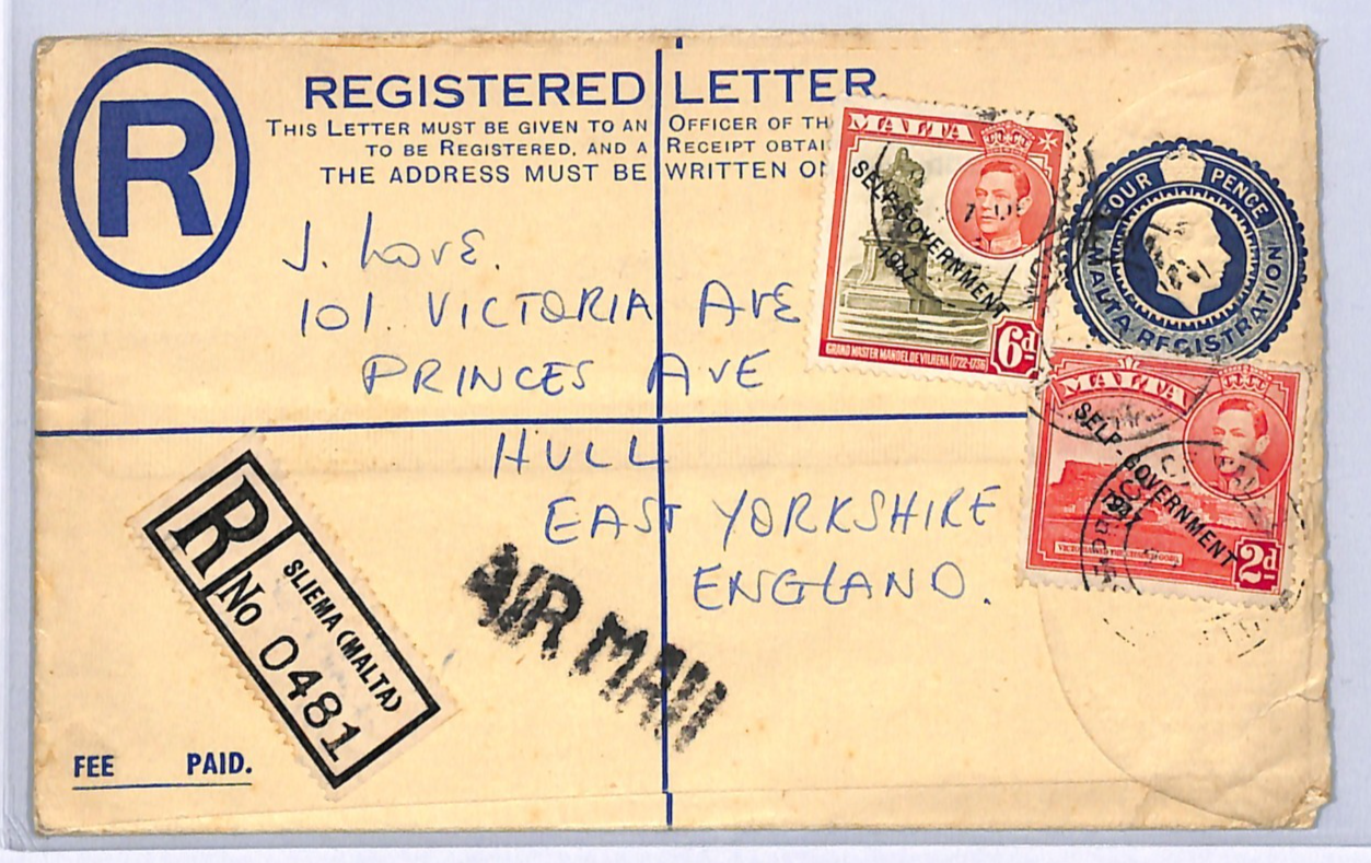 MALTA Cover Sliema Registered GB Yorks Hull c1947{samwells-covers}WM190 - Image 3