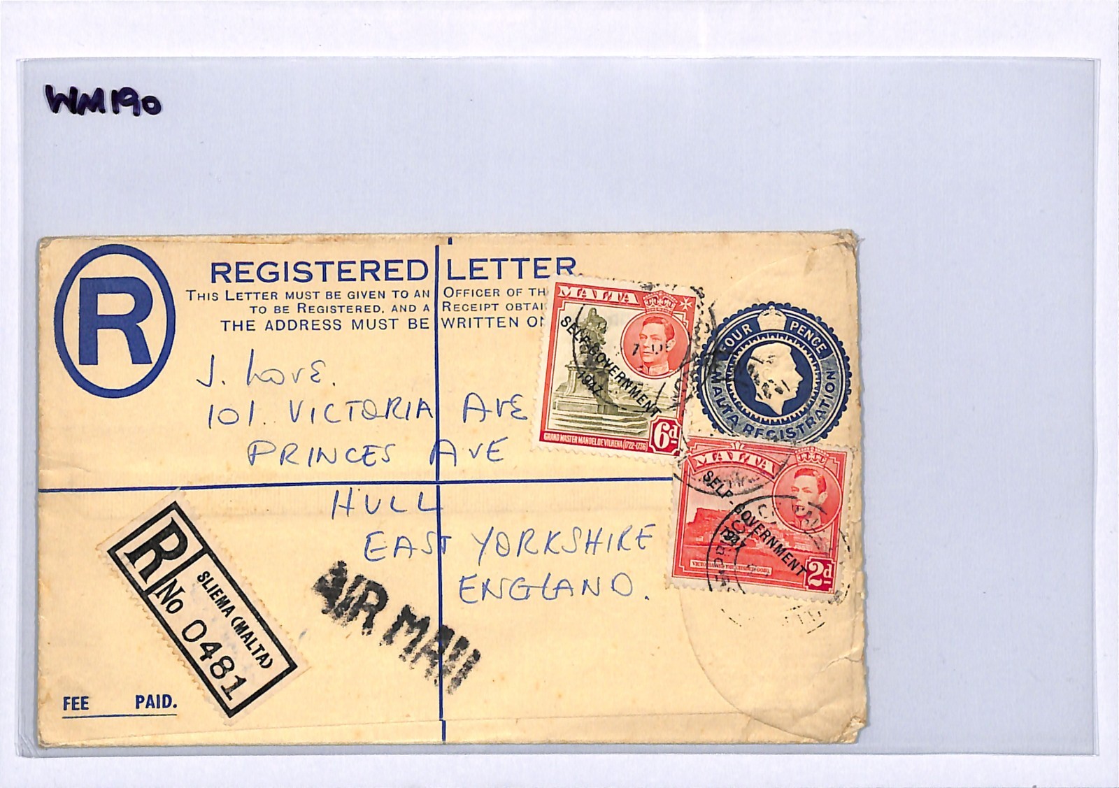 MALTA Cover Sliema Registered GB Yorks Hull c1947{samwells-covers}WM190 - Image 5