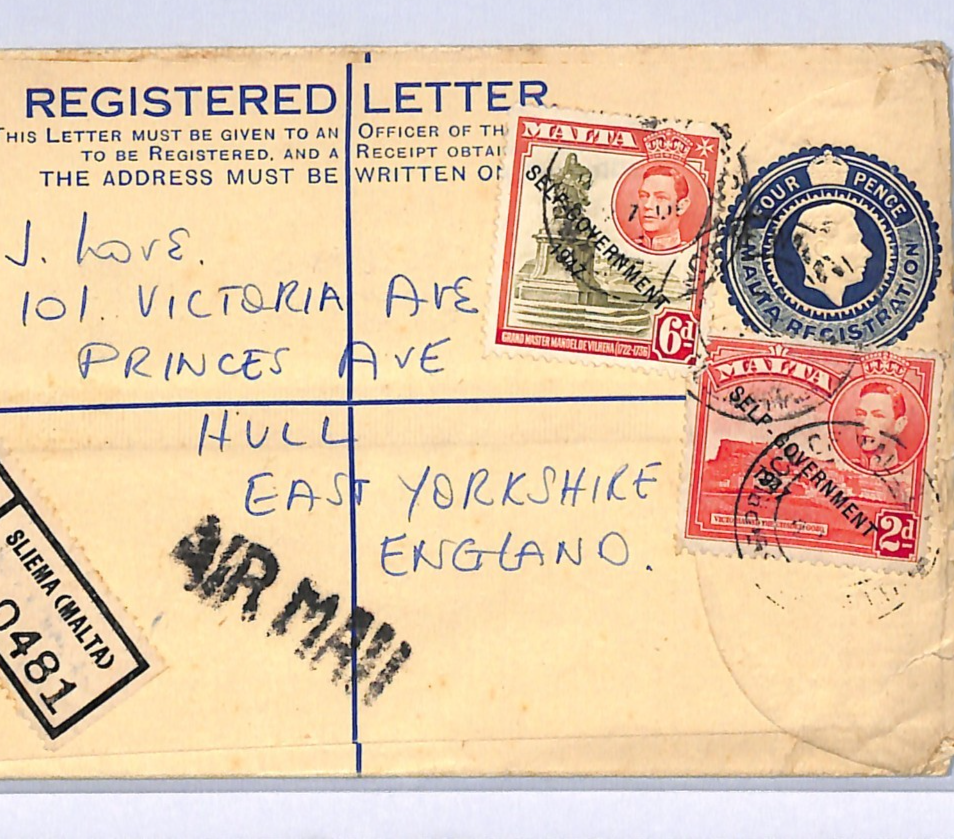 MALTA Cover Sliema Registered GB Yorks Hull c1947{samwells-covers}WM190