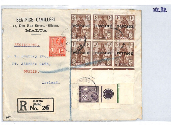 MALTA KGV 3d *PLATE NUMBER* Cover FARTHING BLOCK{6} Reg Sliema 1928 Dublin XC32 - Image 8