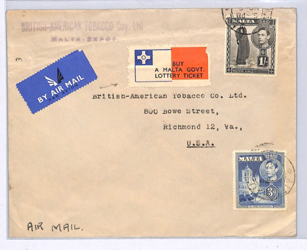 MALTA KGVI Cover *GOVT LOTTERY TICKET* Label 1948 Air Richmond VA TOBACCO XK100 - Image 3