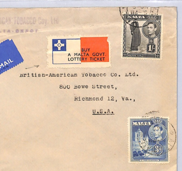 MALTA KGVI Cover *GOVT LOTTERY TICKET* Label 1948 Air Richmond VA TOBACCO XK100 - Image 5