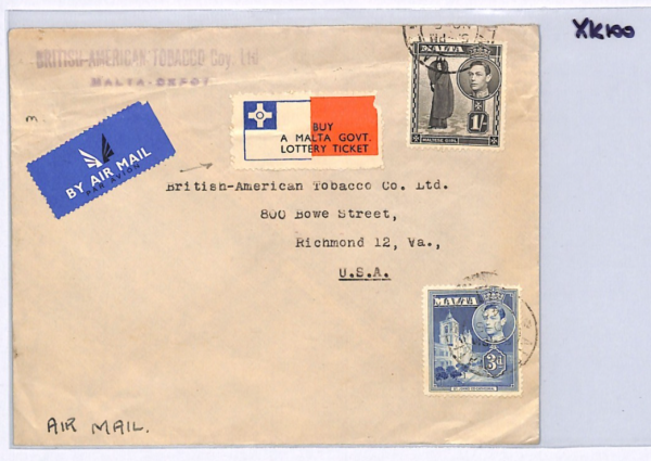 MALTA KGVI Cover *GOVT LOTTERY TICKET* Label 1948 Air Richmond VA TOBACCO XK100 - Image 7