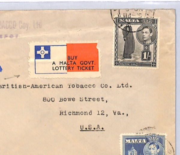 MALTA KGVI Cover *GOVT LOTTERY TICKET* Label 1948 Air Richmond VA TOBACCO XK100