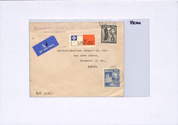 MALTA KGVI Cover *GOVT LOTTERY TICKET* Label 1948 Air Richmond VA TOBACCO XK100 - Image 9