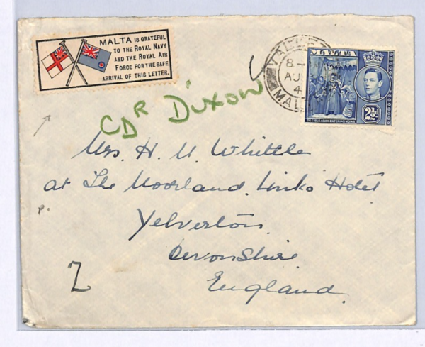 MALTA WW2 Cover Valletta RAF/ROYAL NAVY Label GB Devon Yelverton{samwells}XK99